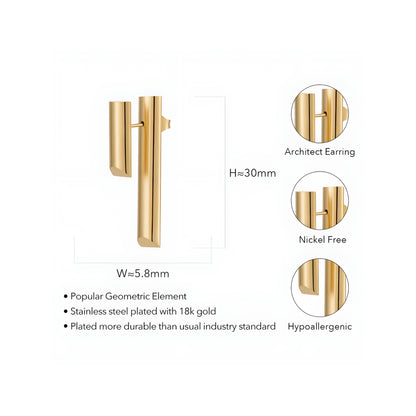 BEHI MILANO Ivana Earrings technical diagram showing 30mm height, 5.8mm width, nickel free, and hypoallergenic features