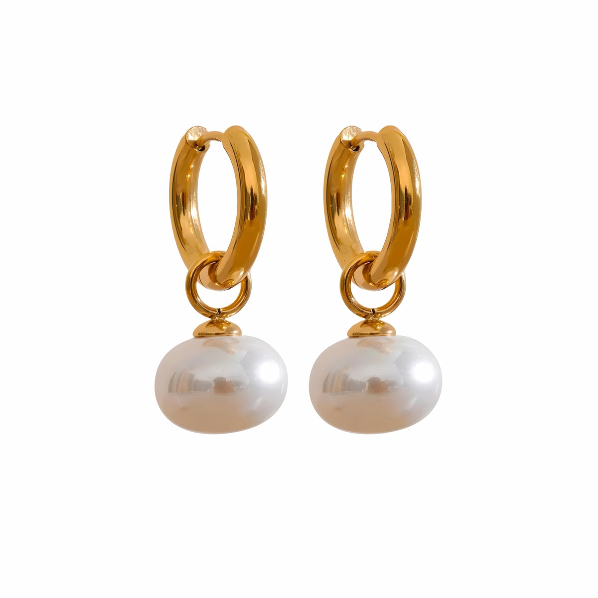 BEHI MILANO Jade Earrings — 18k gold hoop earrings with white pearl drops on white background