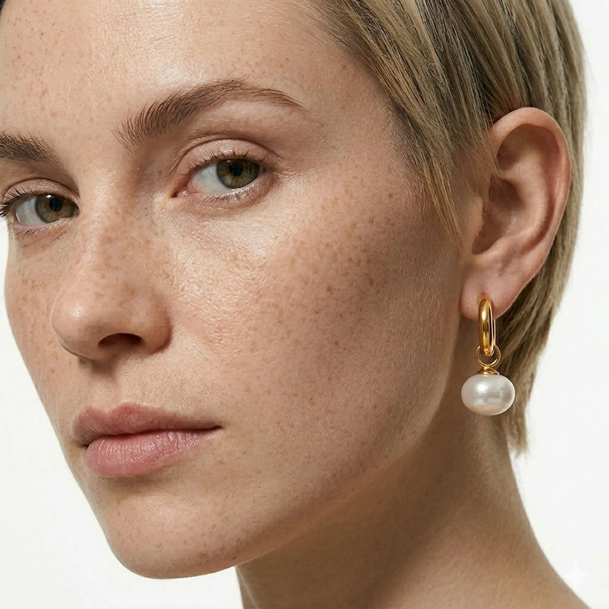 BEHI MILANO Jade Earrings — close up view of gold huggie hoop with white pearl drop on ear