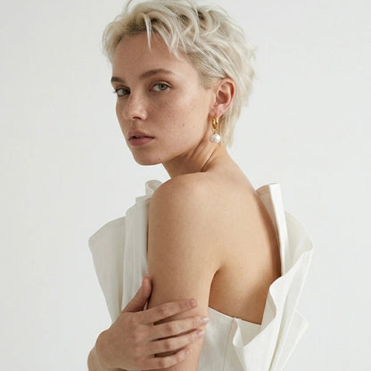 BEHI MILANO Jade Earrings — rear view of model showcasing gold hoop pearl drop earrings