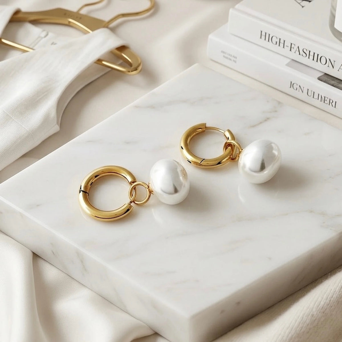 BEHI MILANO Jade Earrings — gold and silver pearl drop hoops displayed on marble tray