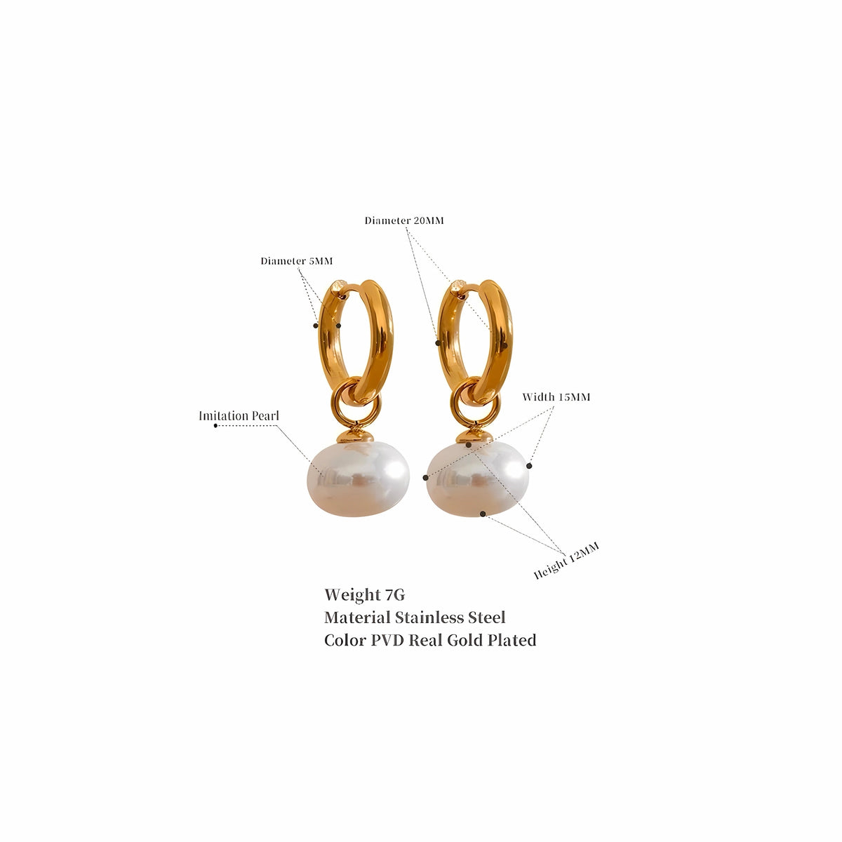 BEHI MILANO Jade Earrings technical diagram showing 20mm hoop diameter, 5mm width, 15x12mm pearl size, and 7g weight