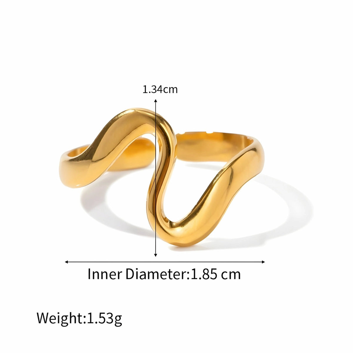 BEHI MILANO Jojo Ring technical diagram showing 1.85cm inner diameter, 1.34cm height, and 1.53g weight
