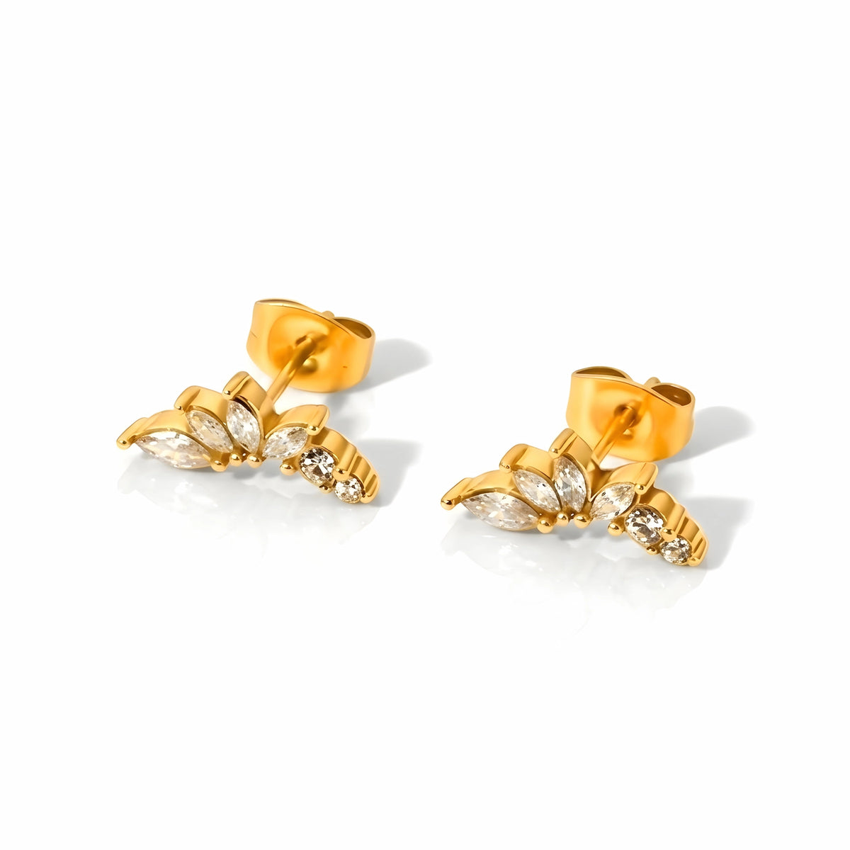 BEHI MILANO Josa Earrings — 18k gold floral crystal petal cluster stud earrings on white background
