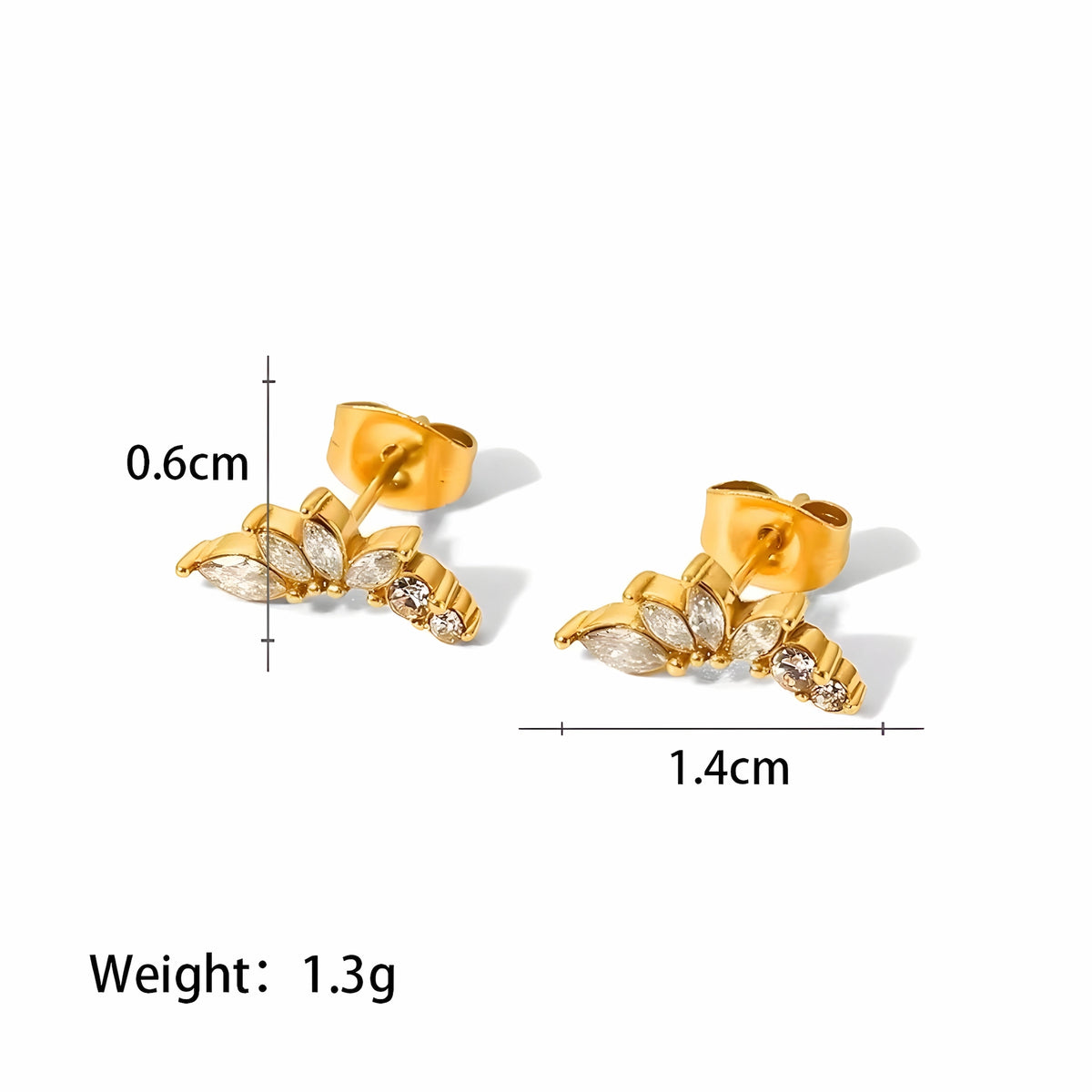 BEHI MILANO Josa Earrings technical diagram showing 1.4cm width, 0.6cm height, and 1.3g weight
