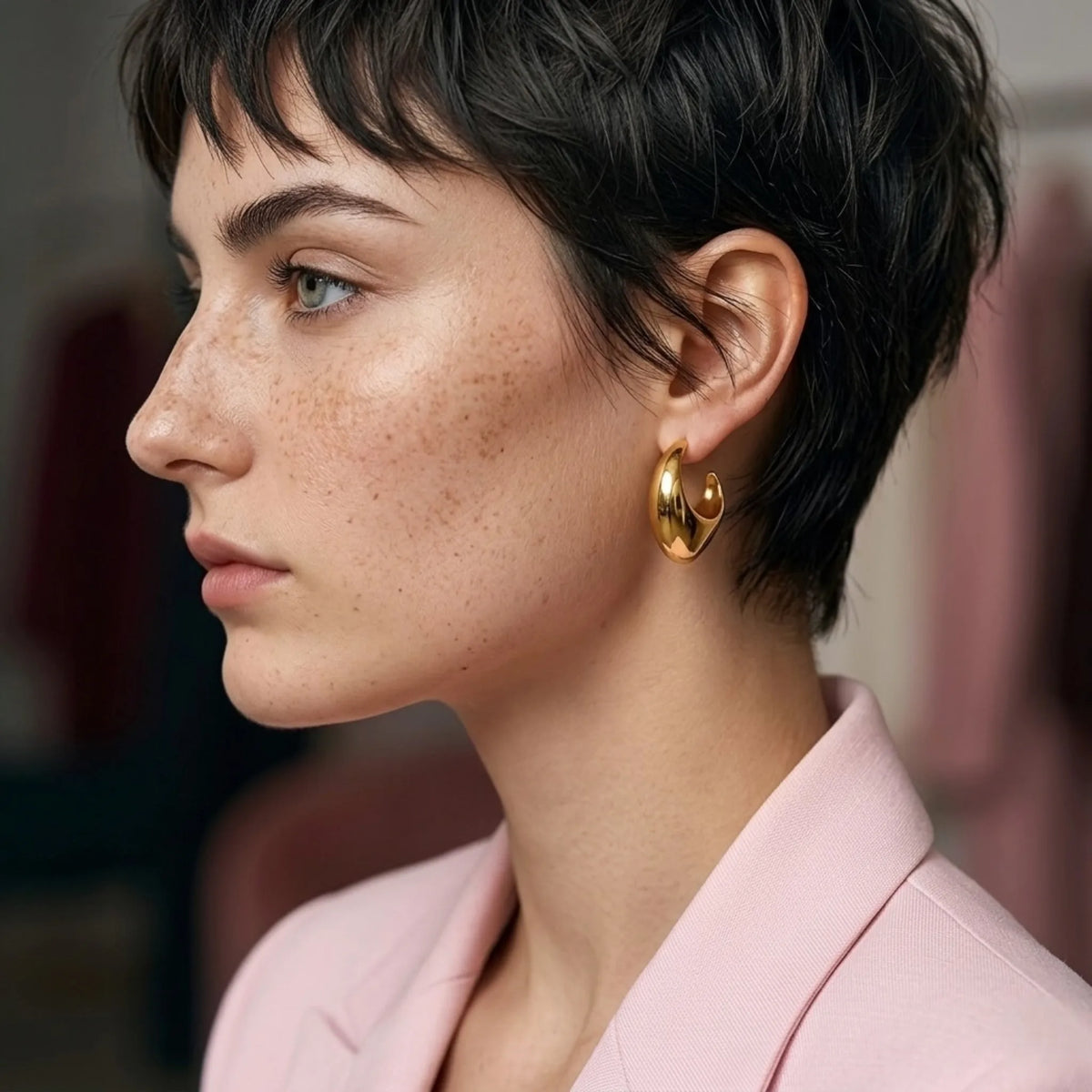 BEHI MILANO Judy Earrings — close up profile shot of model with short dark hair wearing gold teardrop hoops
