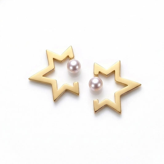 BEHI MILANO Kaia Earrings — 18k gold open star outline earrings with pearl accent on white background