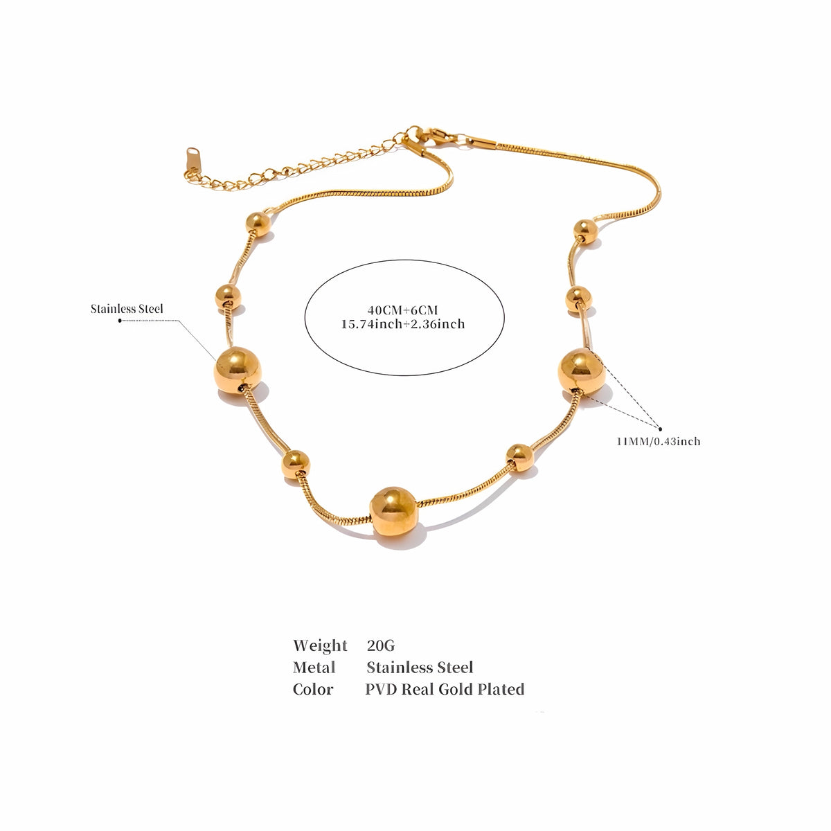 BEHI MILANO Kassia Necklace technical diagram showing 40cm plus 6cm extension length, 11mm beads, and 20g weight