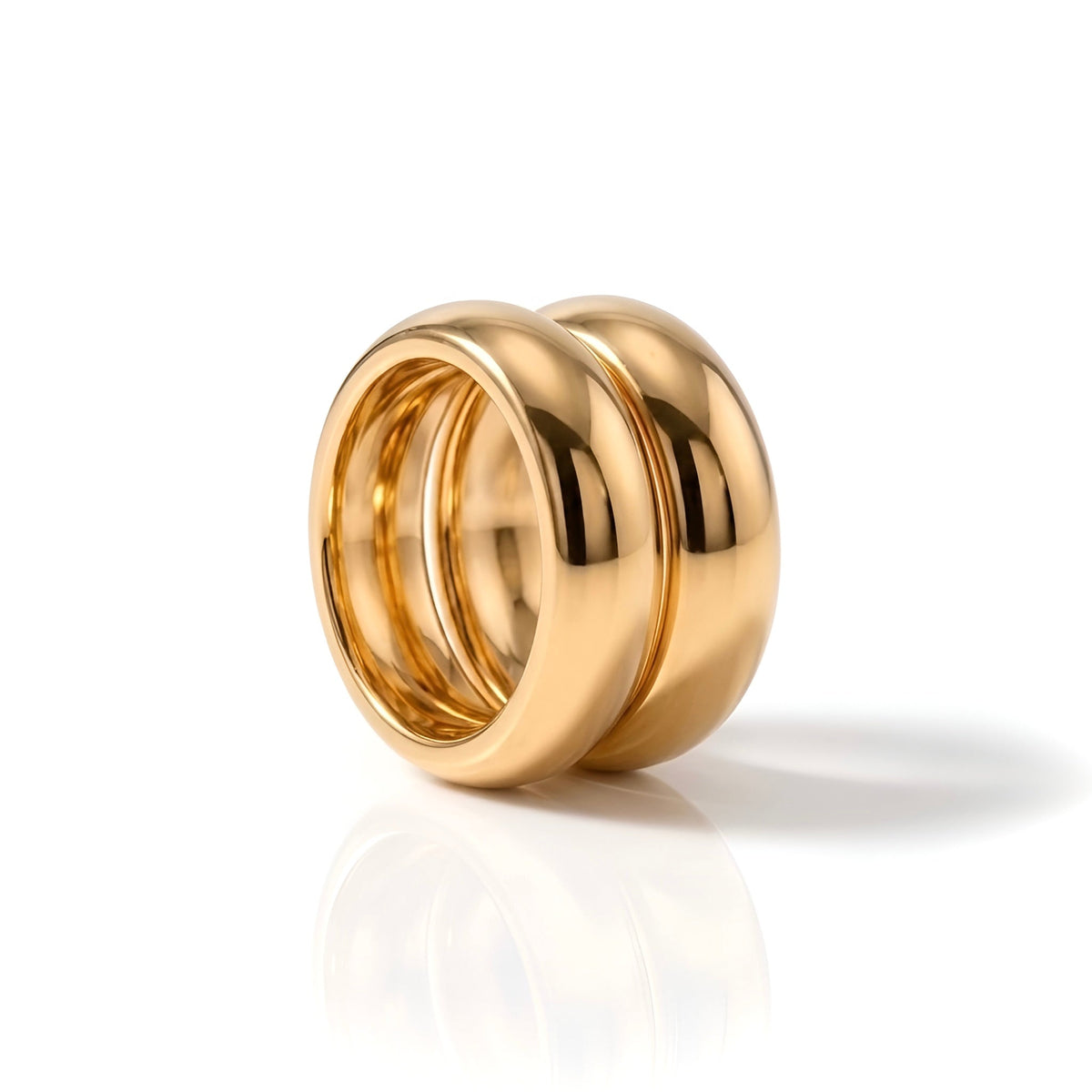 BEHI MILANO Katrina Ring — 18k gold-plated double band dome statement ring on white background