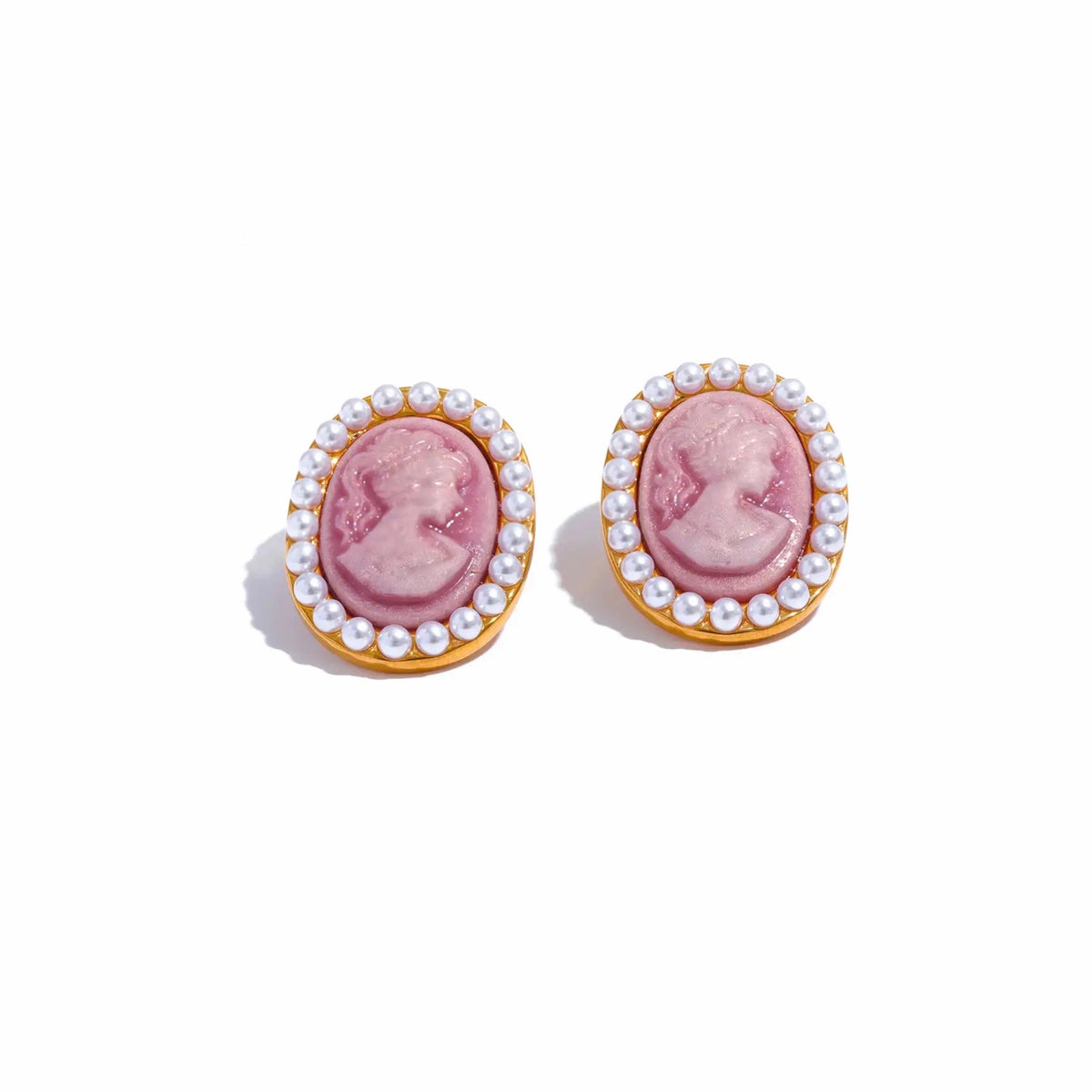 BEHI MILANO Lady Earrings — 18k gold-plated pink resin cameo stud earrings with pearl halo on white background