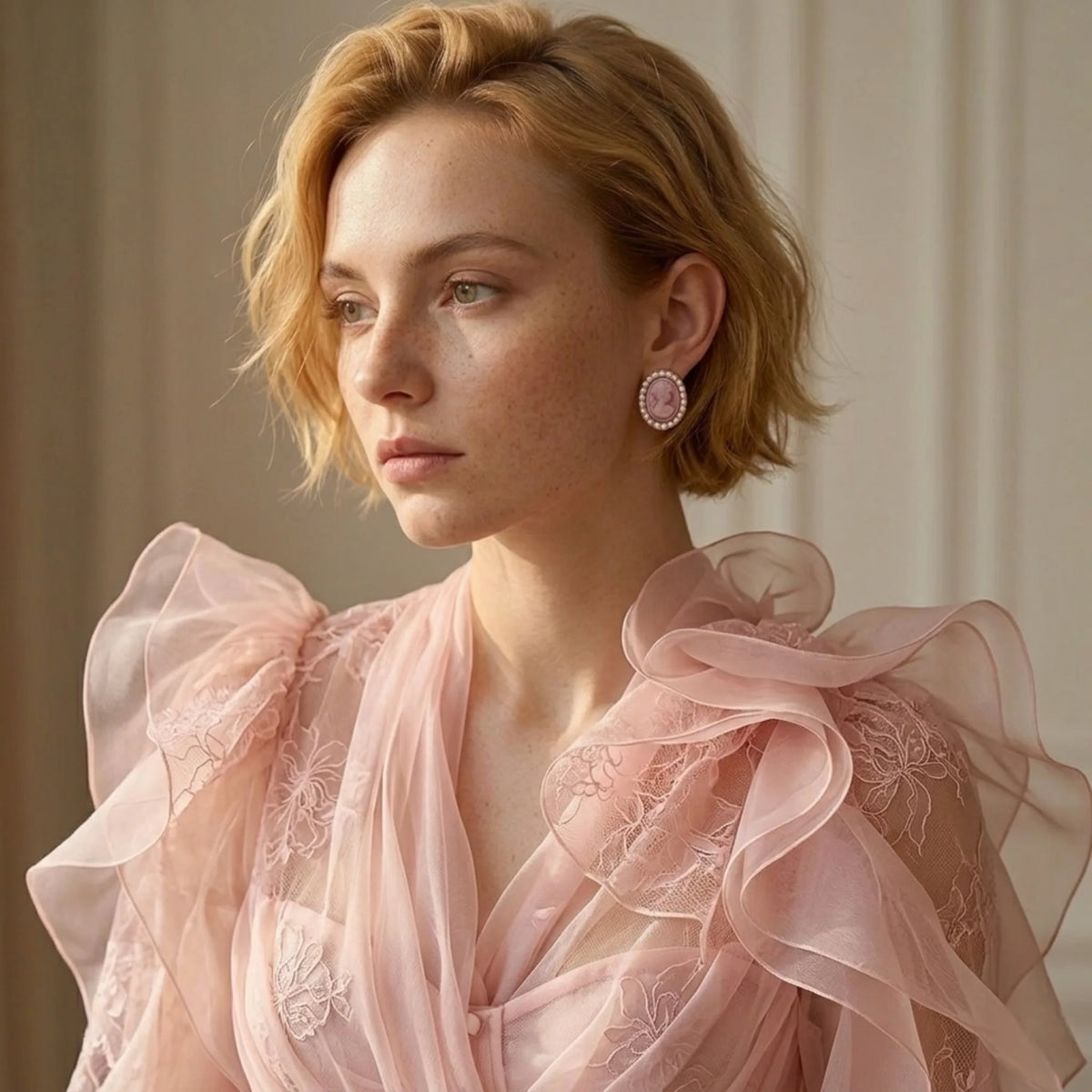 BEHI MILANO Lady Earrings — frontal view of blonde model wearing vintage pink cameo studs with pearl trim