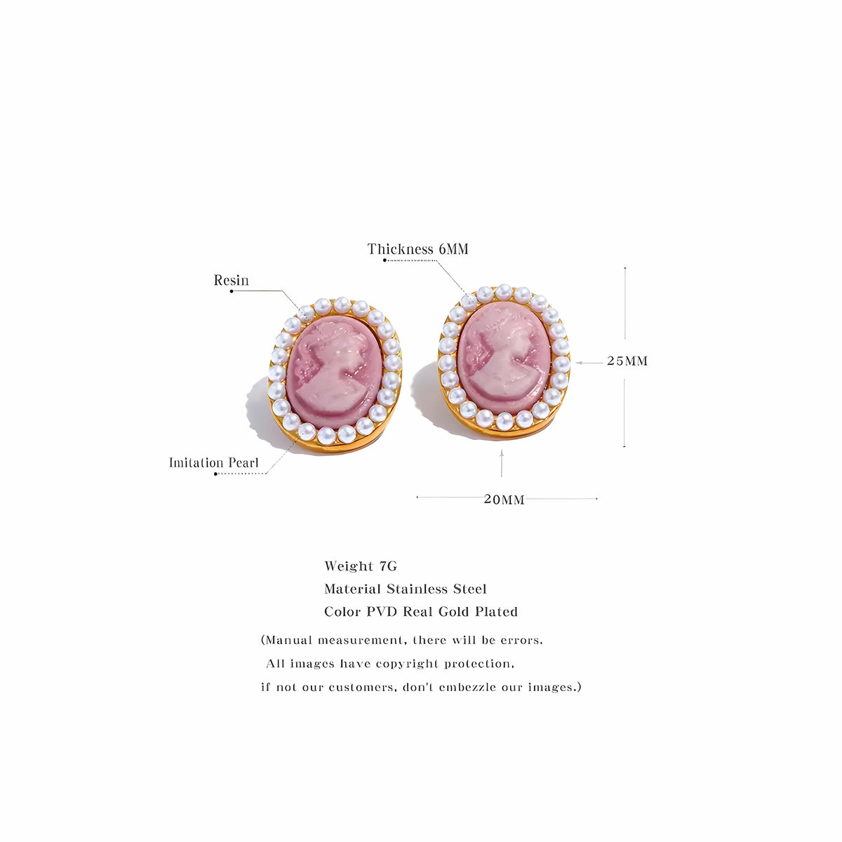 BEHI MILANO Lady Earrings technical diagram showing 25mm height, 20mm width, 6mm thickness, and 7g weight