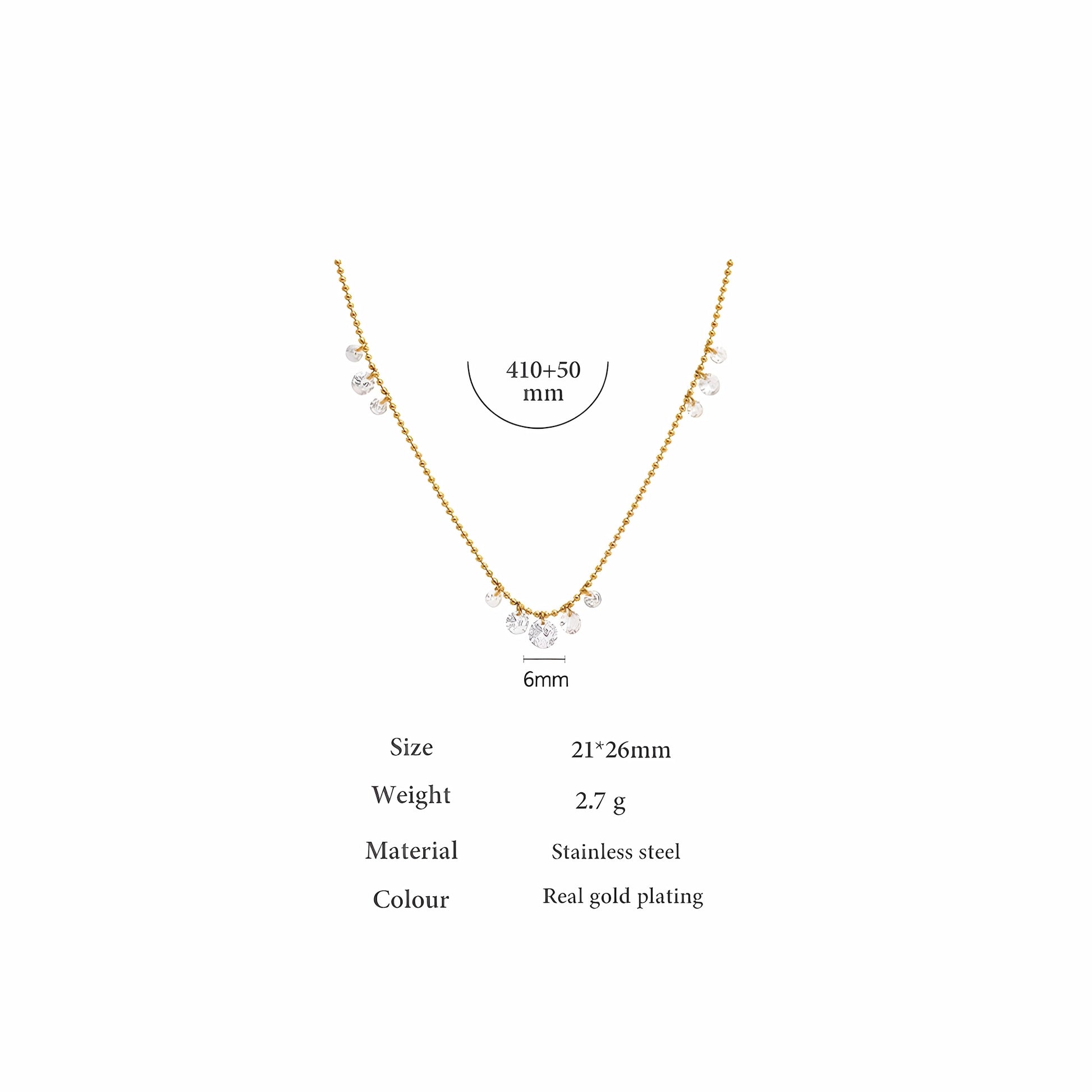 BEHI MILANO Larissa Necklace technical diagram showing 410mm plus 50mm chain length, 6mm center zircon, and 2.7g weight