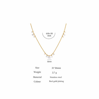 BEHI MILANO Larissa Necklace technical diagram showing 410mm plus 50mm chain length, 6mm center zircon, and 2.7g weight