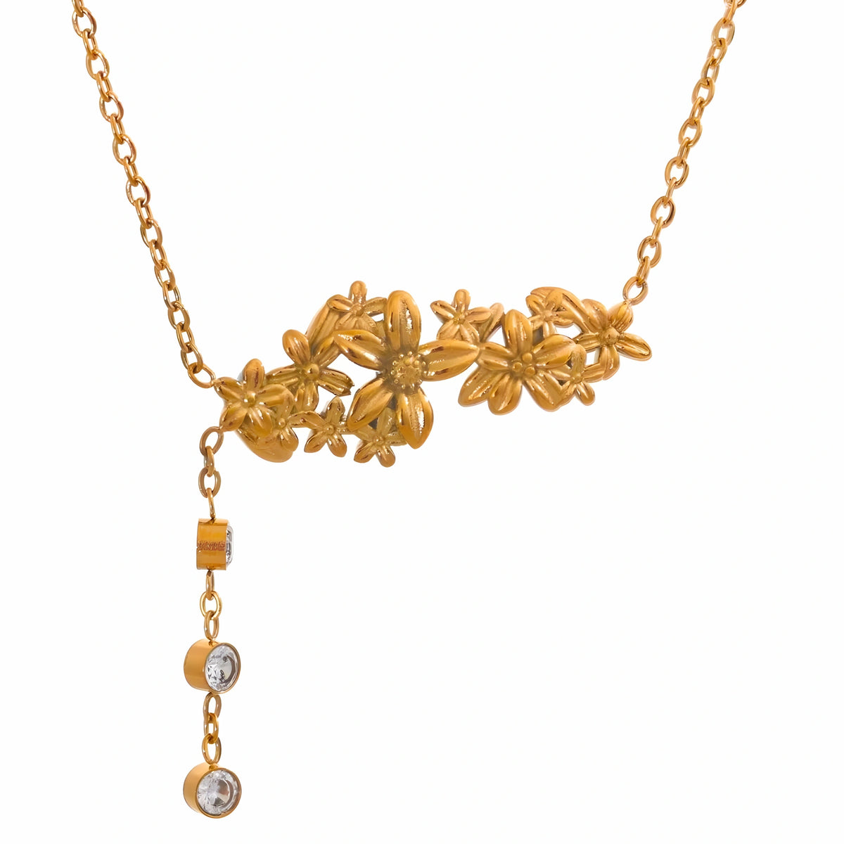BEHI MILANO Lauris Necklace — 18k gold-plated floral cluster necklace with cubic zirconia Y-drop chain