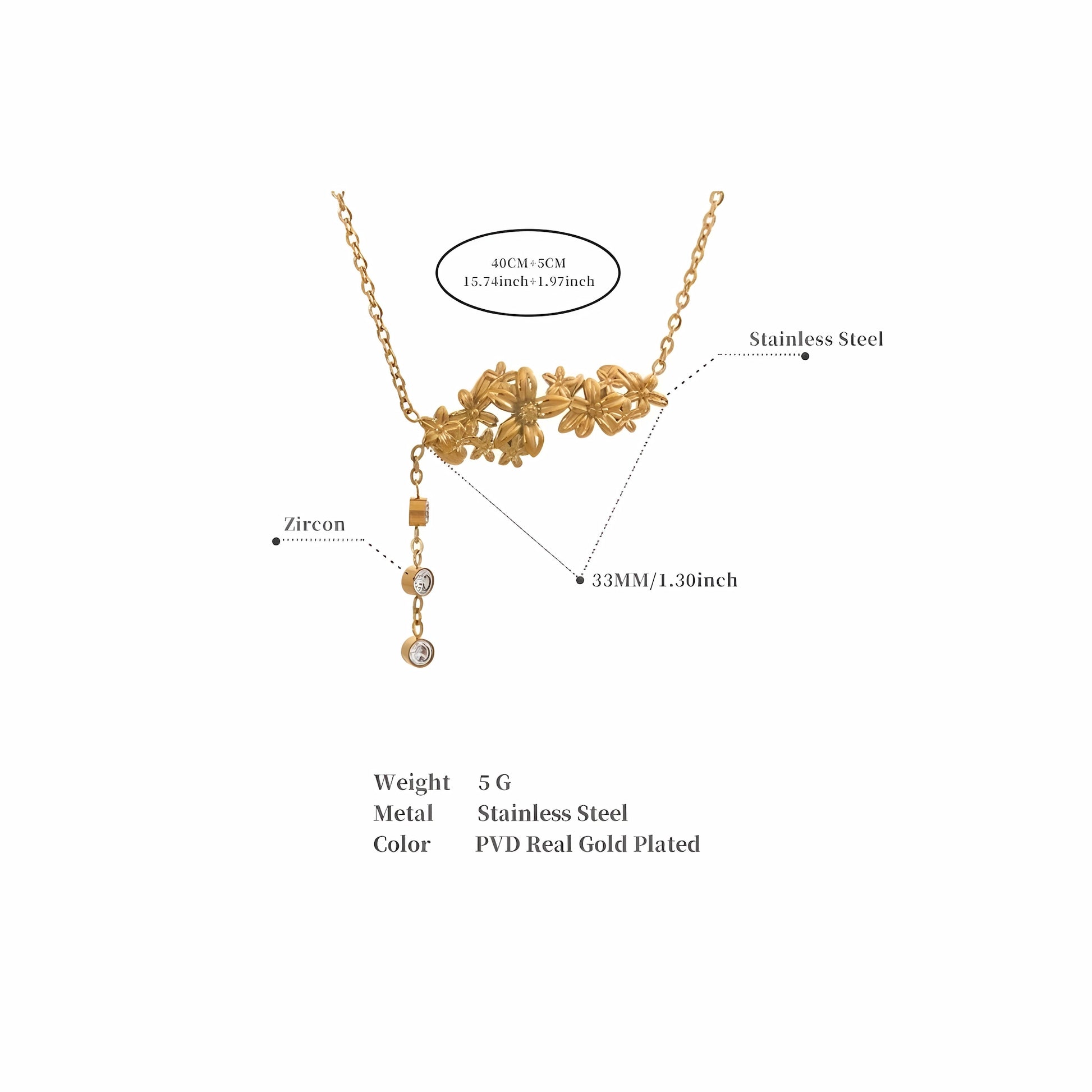 BEHI MILANO Lauris Necklace technical diagram showing 40cm plus 5cm chain length, 33mm Y-drop, and 5g weight
