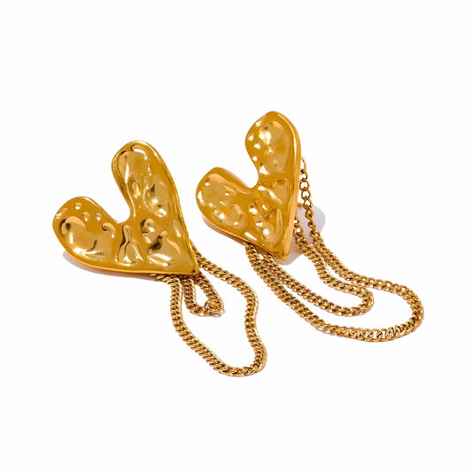 BEHI MILANO Ledda Earrings — 18k gold-plated hammered heart studs with draped chain tassels