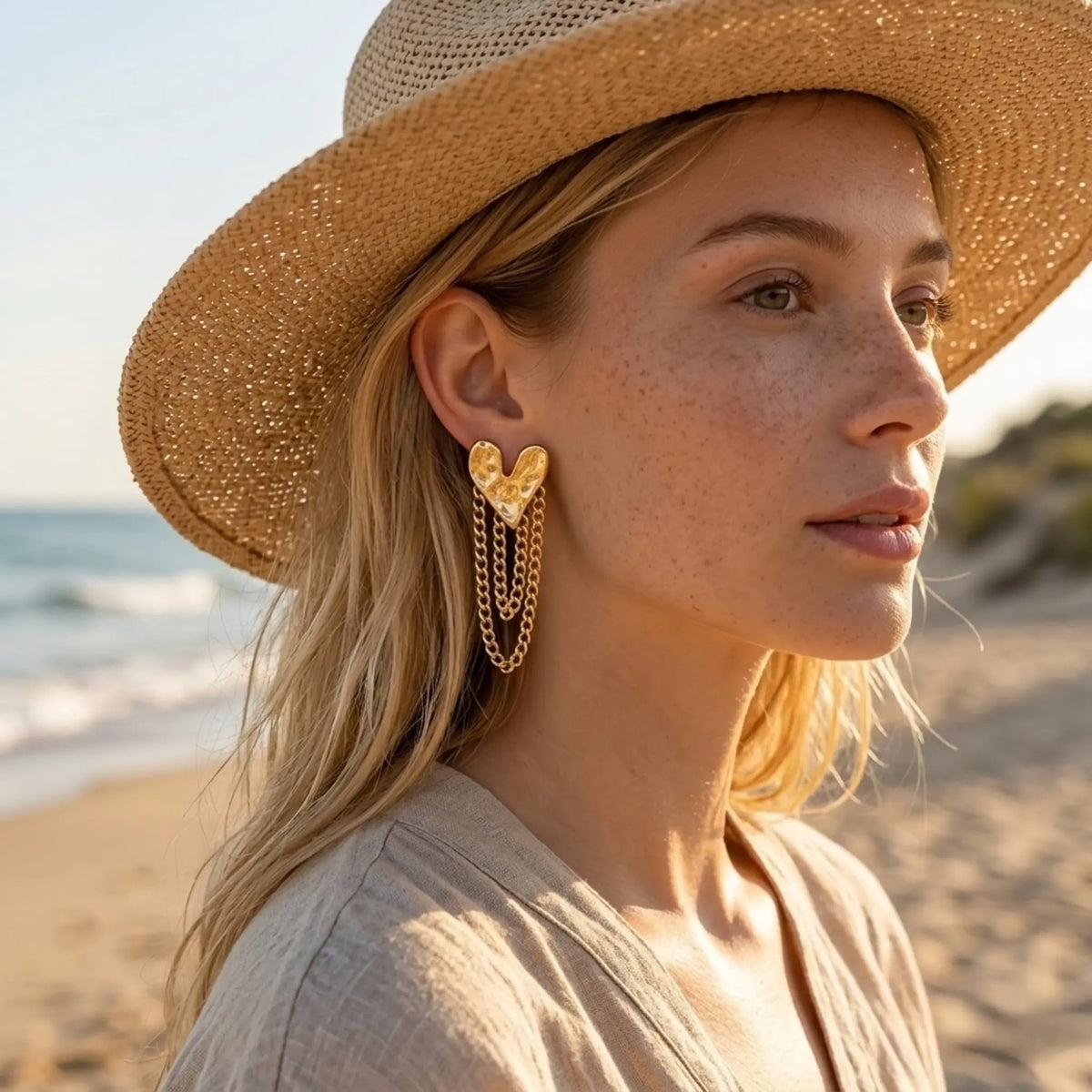 BEHI MILANO Ledda Earrings — profile view of model wearing golden heart chain tassel drop earrings