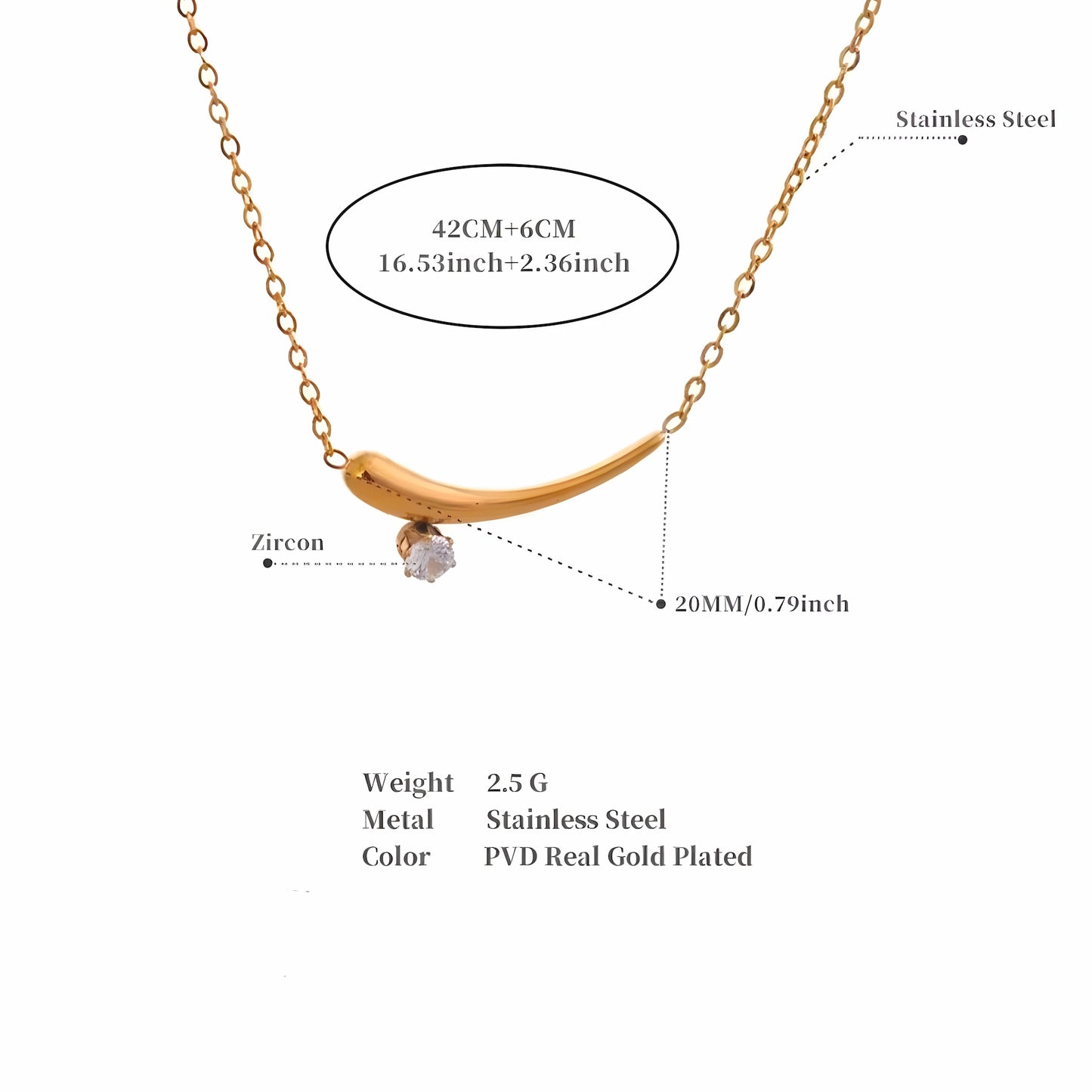 BEHI MILANO Lena Necklace technical diagram showing 42cm+6cm chain, 20mm pendant, and 2.5g weight