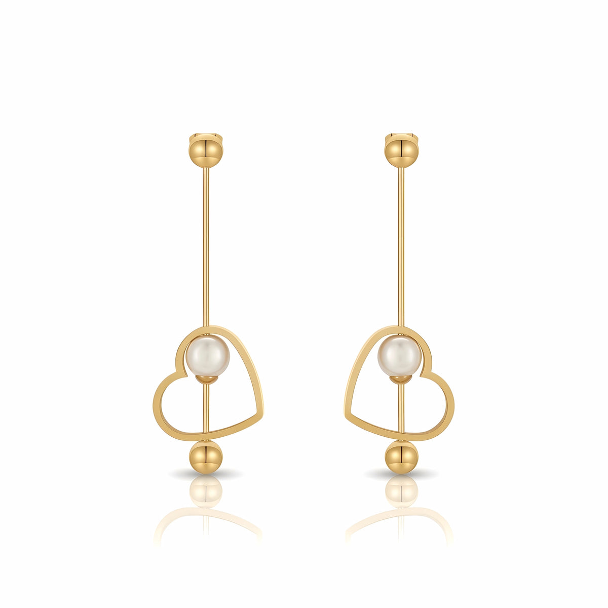 BEHI MILANO Leona Earrings — 18k gold-plated linear heart drop earrings with pearl accents