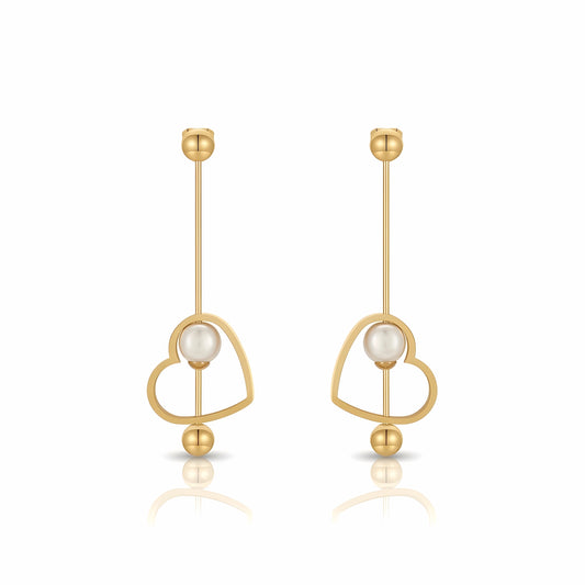 BEHI MILANO Leona Earrings — 18k gold-plated linear heart drop earrings with pearl accents