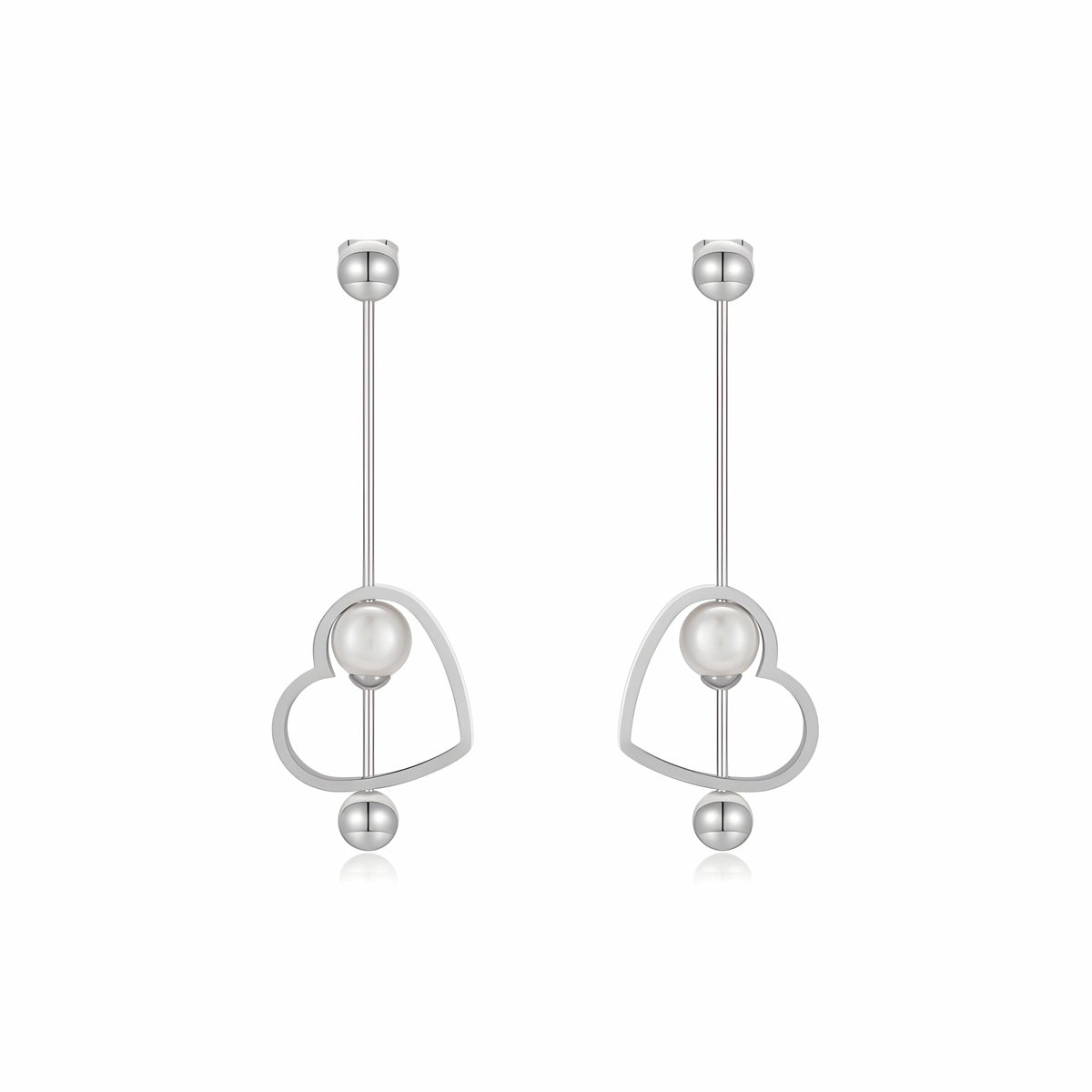 BEHI MILANO Leona Earrings — silver linear heart drop earrings with pearl accents