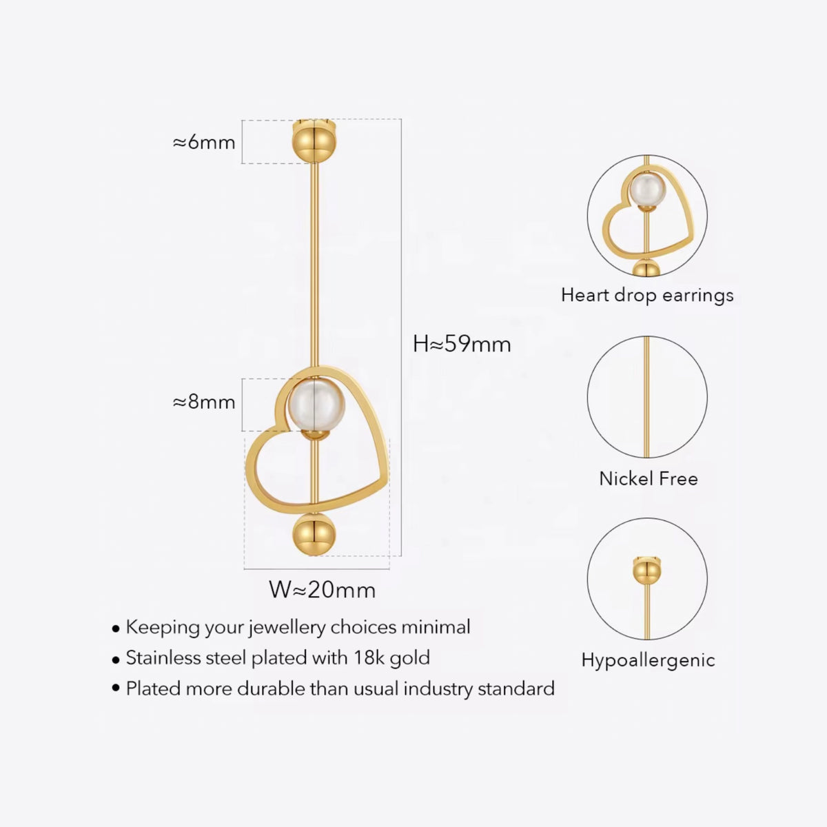 BEHI MILANO Leona Earrings technical diagram showing 59mm height, 20mm heart width, nickel-free, and 8g specs