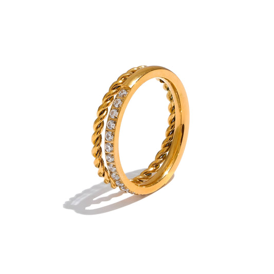 BEHI MILANO Letica Ring — 18k gold-plated rope braid ring with zircon stones, waterproof and tarnish-free, white background
