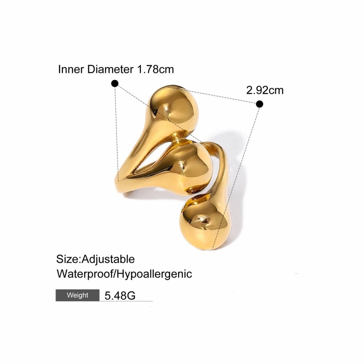 BEHI MILANO Letiz Ring technical diagram showing 2.92cm height, 1.78cm diameter, adjustable size, and 5.48g weight