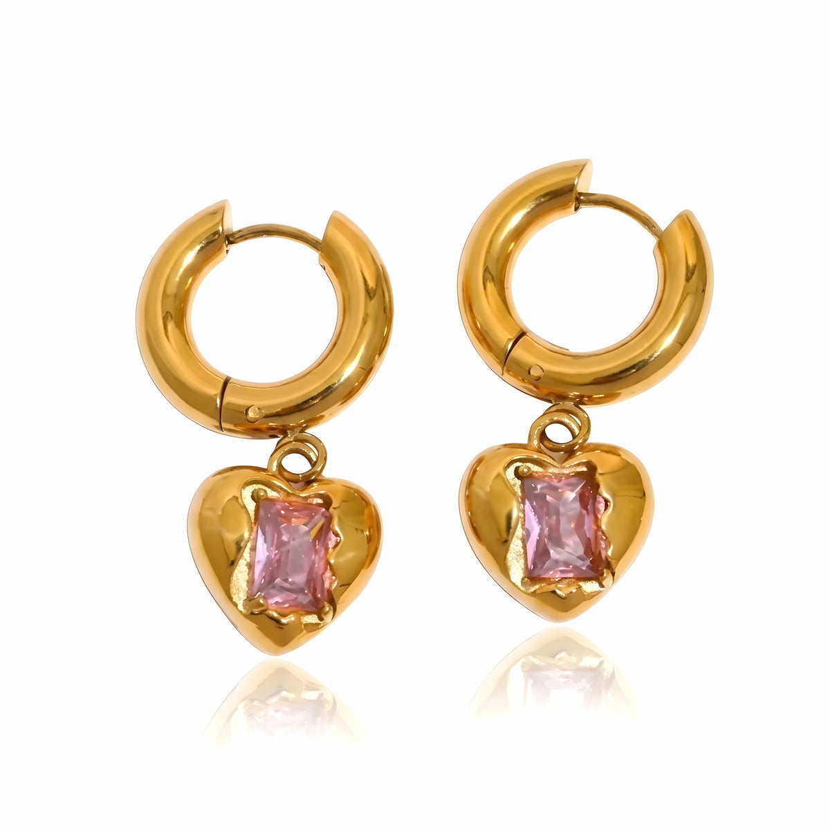 BEHI MILANO Lidia Earrings — 18k gold huggie hoops with pink zircon heart charms