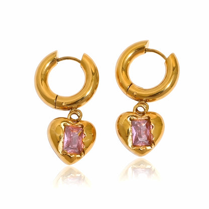 BEHI MILANO Lidia Earrings — 18k gold huggie hoops with pink zircon heart charms