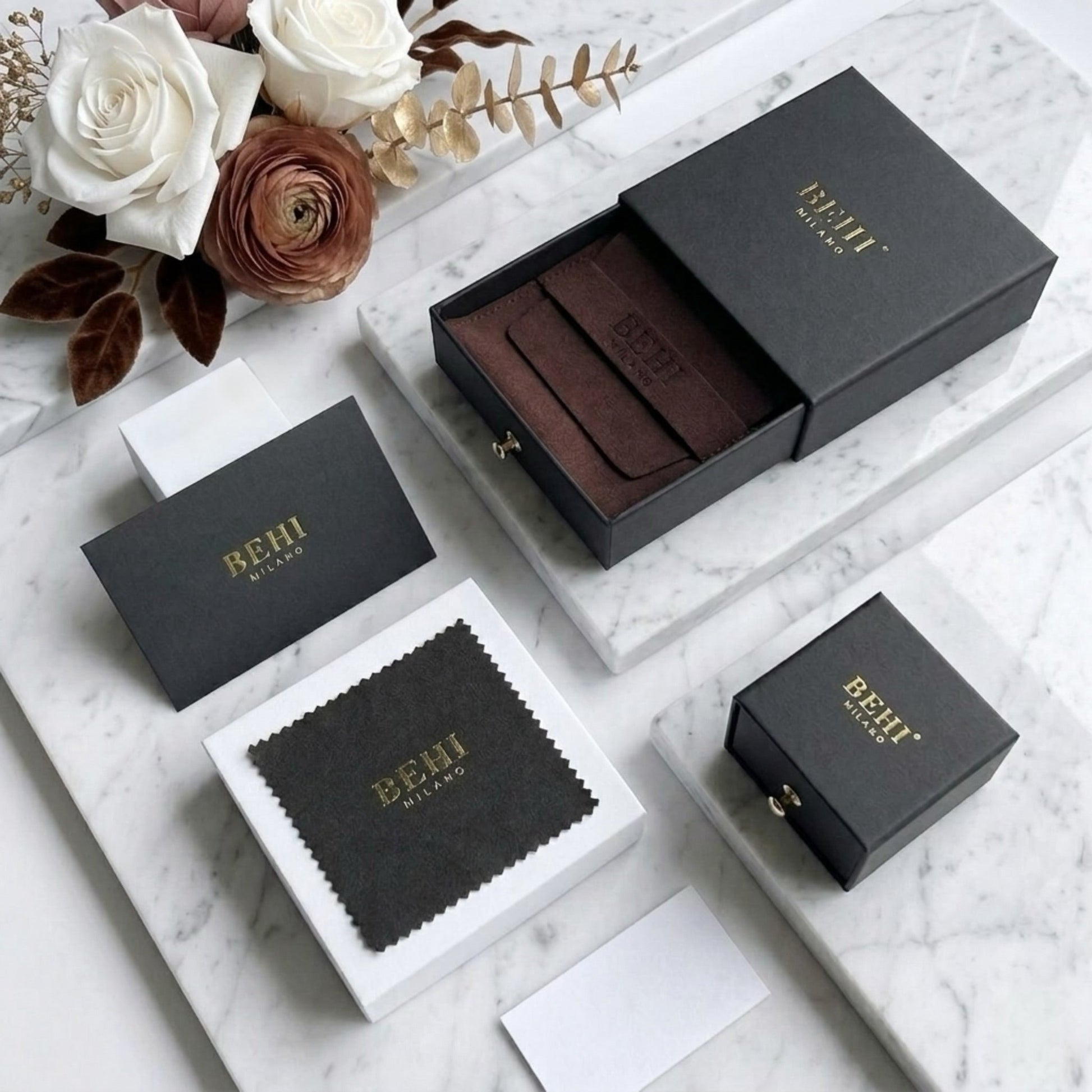 BEHI MILANO Luxury Jewelry Packaging — luxury black and white gift boxes and pouch